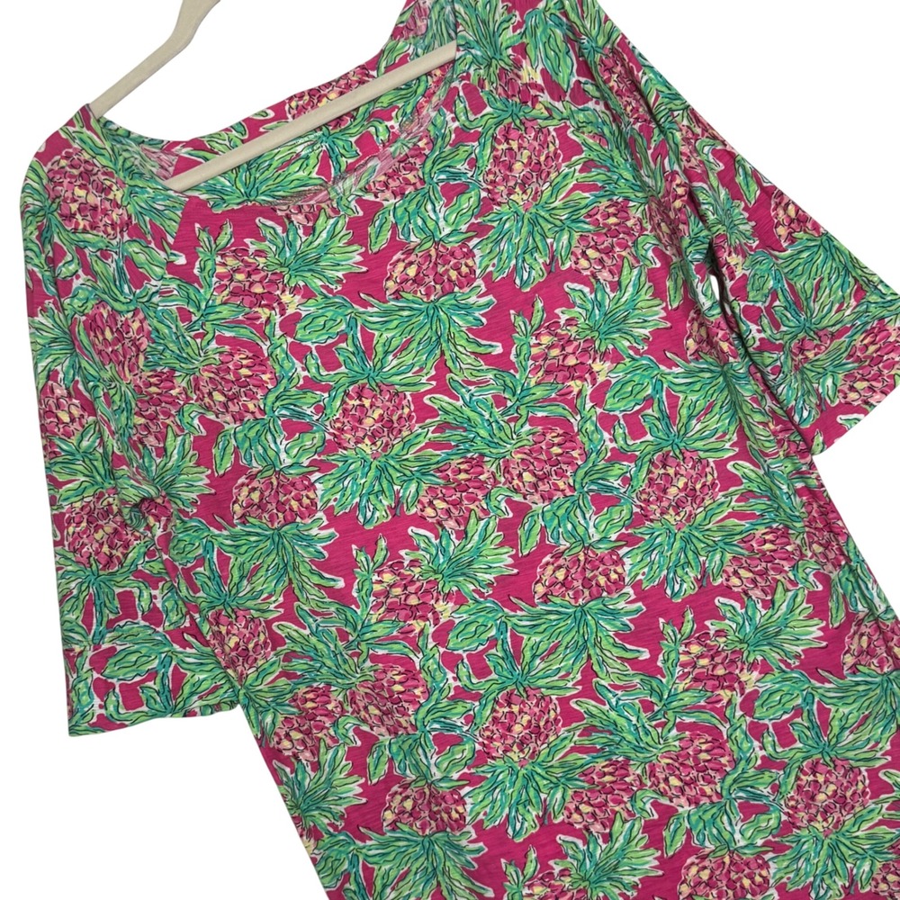 Lilly Pulitzer Marlowe T-Shirt Dress Women Large Pink Pineapple Print 3/4 Sleeve